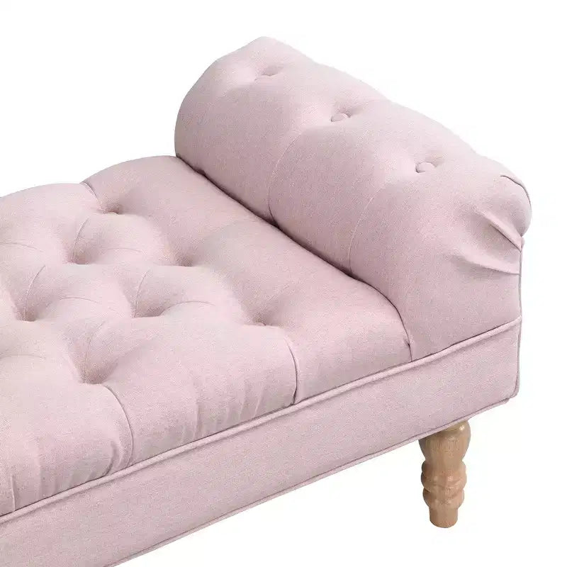Upholstered Ottoman Bench with Tufted Fabric, Rolled Arms, Gourd Legs and Premium Foam, Easy Assembly