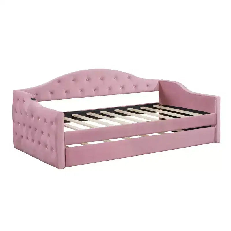Twin Upholstered Daybed with Trundle, Tufted Velvet Sofa Bed with USB Charging Ports