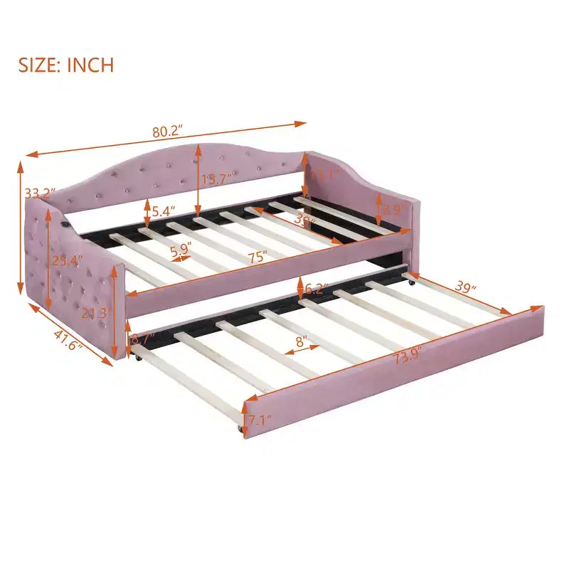 Twin Upholstered Daybed with Trundle, Tufted Velvet Sofa Bed with USB Charging Ports
