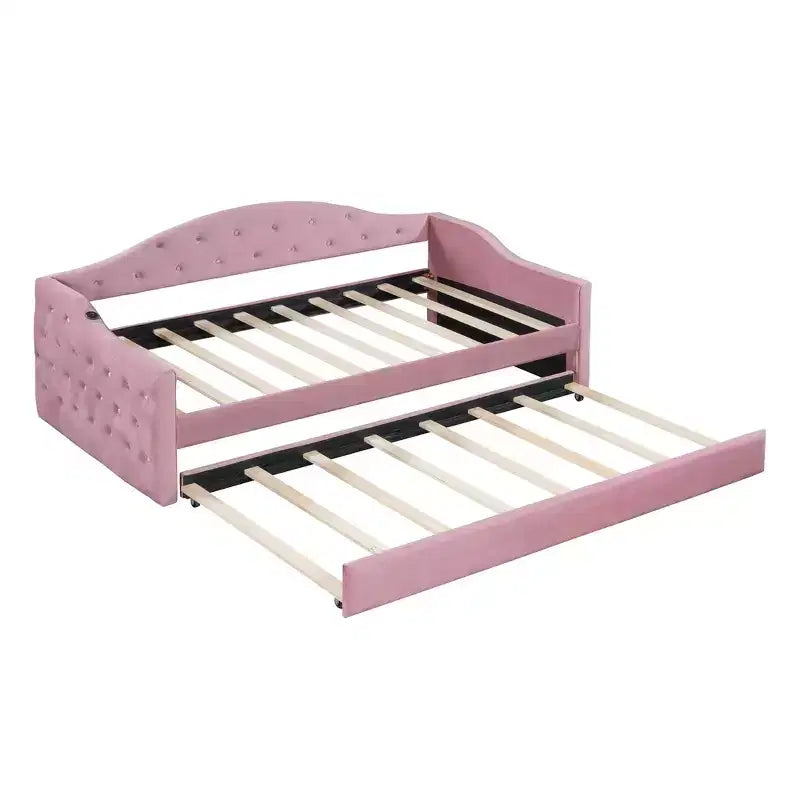 Twin Upholstered Daybed with Trundle, Tufted Velvet Sofa Bed with USB Charging Ports