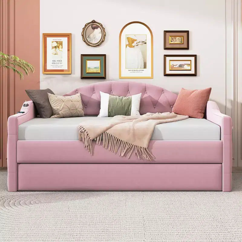 Twin Upholstered Daybed with Trundle, Tufted Velvet Sofa Bed with USB Charging Ports