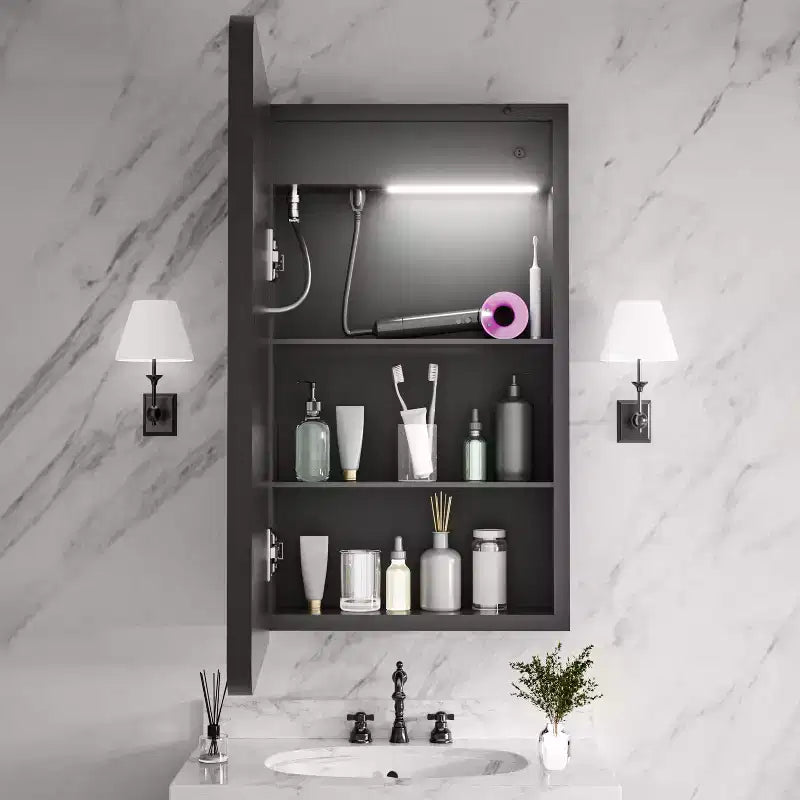 16"W x 28"H Iron Medicine Cabinet with Mirror, Dimmable LED Light, Anti-Fog and Outlets, Fully Assembled