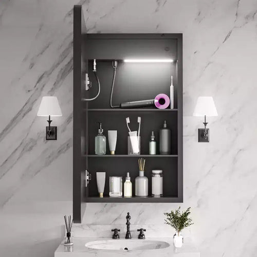 16"W x 28"H Iron Medicine Cabinet with Mirror, Dimmable LED Light, Anti-Fog and Outlets, Fully Assembled
