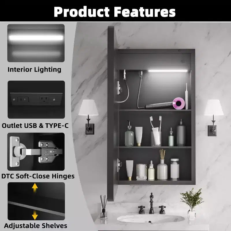 16"W x 28"H Iron Medicine Cabinet with Mirror, Dimmable LED Light, Anti-Fog and Outlets, Fully Assembled