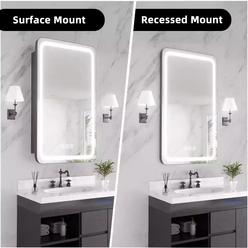 16"W x 28"H Iron Medicine Cabinet with Mirror, Dimmable LED Light, Anti-Fog and Outlets, Fully Assembled