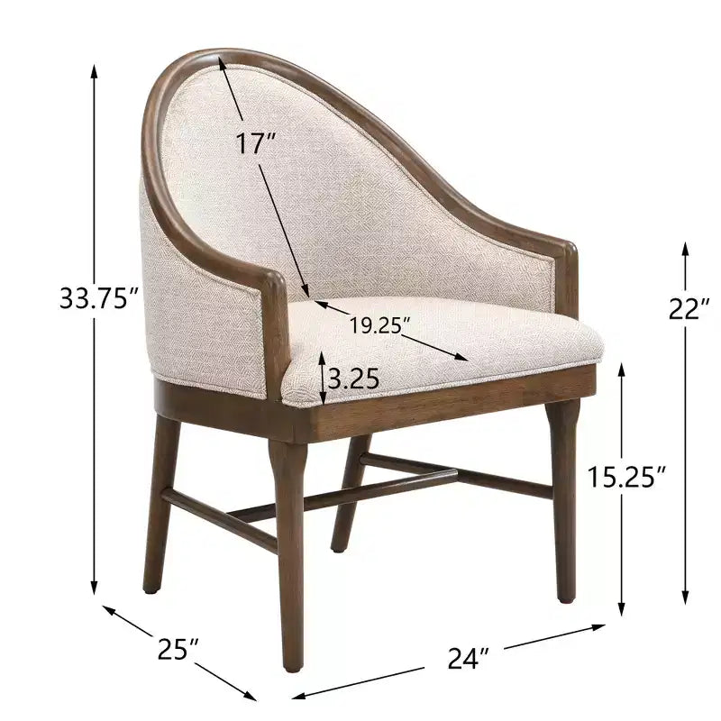 Set of 2 Mid-Century Modern Dining Chairs, Twill Upholstered Curved Armchairs with Solid Rubberwood Frame, Beige