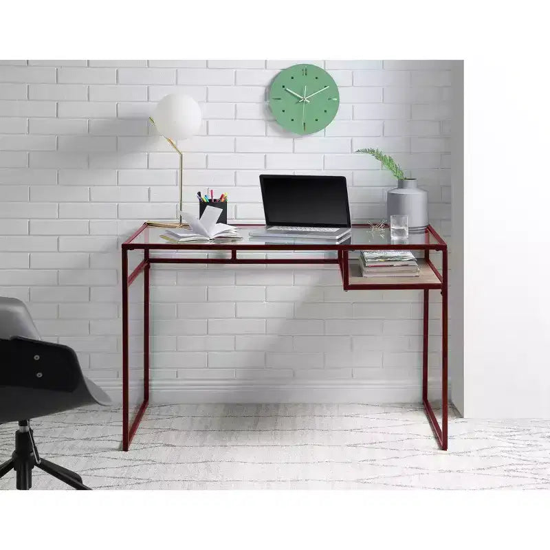 Writing Desk with Glass Top, Red Finish and Open Storage Shelf, 48"L x 24"W x 31"H