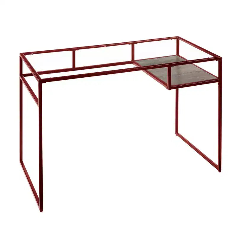 Writing Desk with Glass Top, Red Finish and Open Storage Shelf, 48"L x 24"W x 31"H
