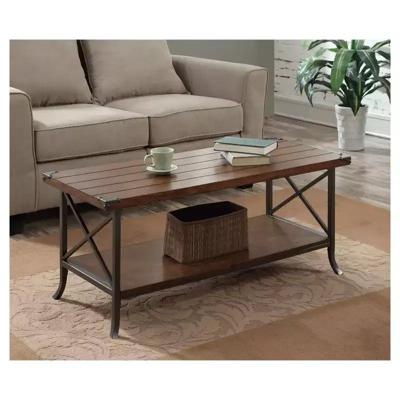 Coffee Table with Storage Shelf, Grooved Top and Decorative Metal Corner Protectors, Dark Walnut/Slate Gray
