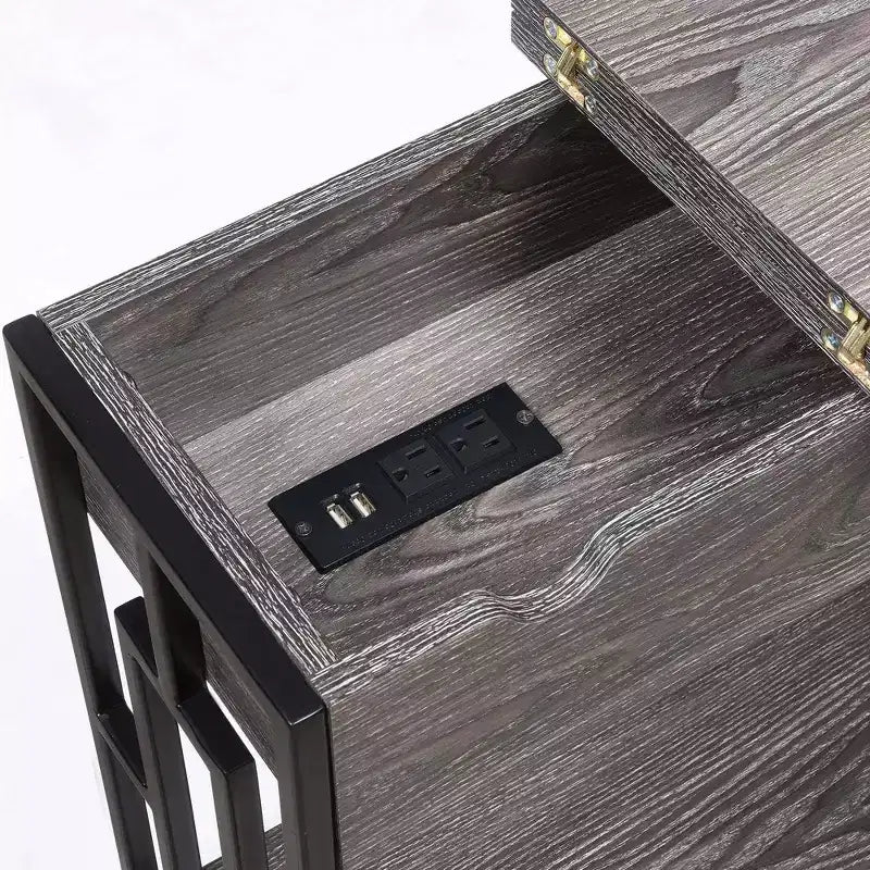 Flip Top End Table with Charging Station, USB Ports, Cable Management and Bottom Shelf, Weathered Gray/Black
