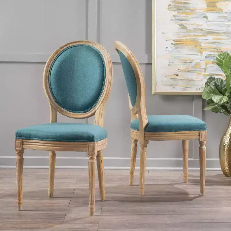 Set of 2 Traditional Upholstered Dining Chairs with King Louis Back and Rubberwood Frame