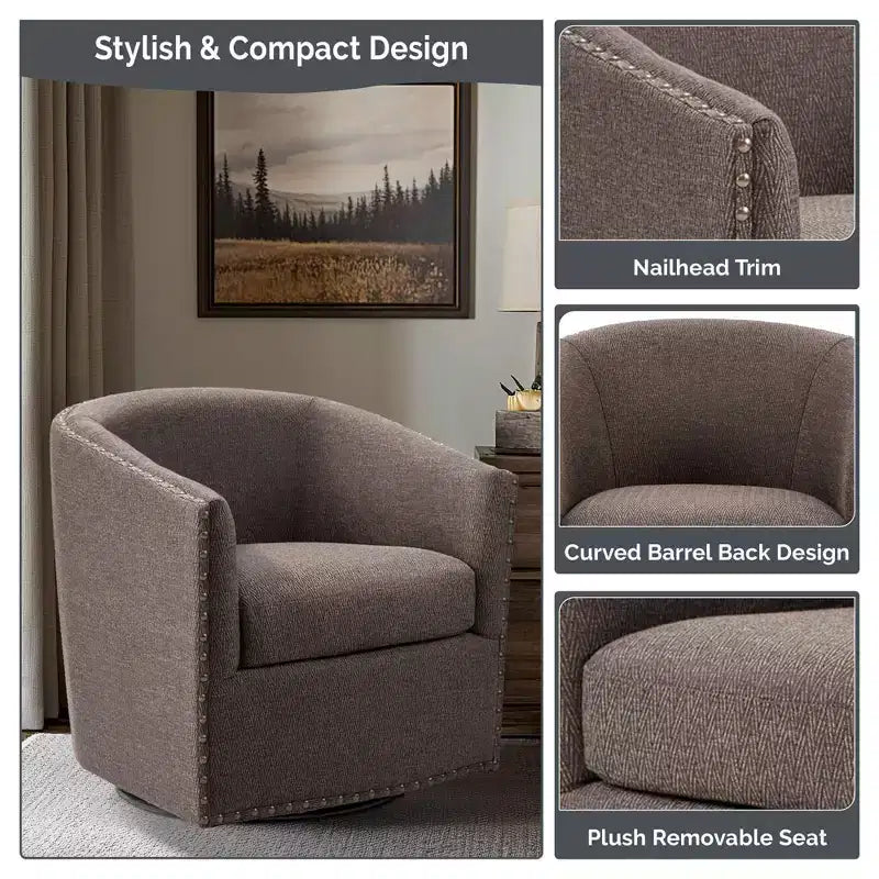 Swivel Lounge Chair with High-Density Foam Cushion and Bronze Nailhead Trim