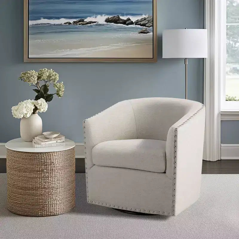 Swivel Lounge Chair with High-Density Foam Cushion and Bronze Nailhead Trim