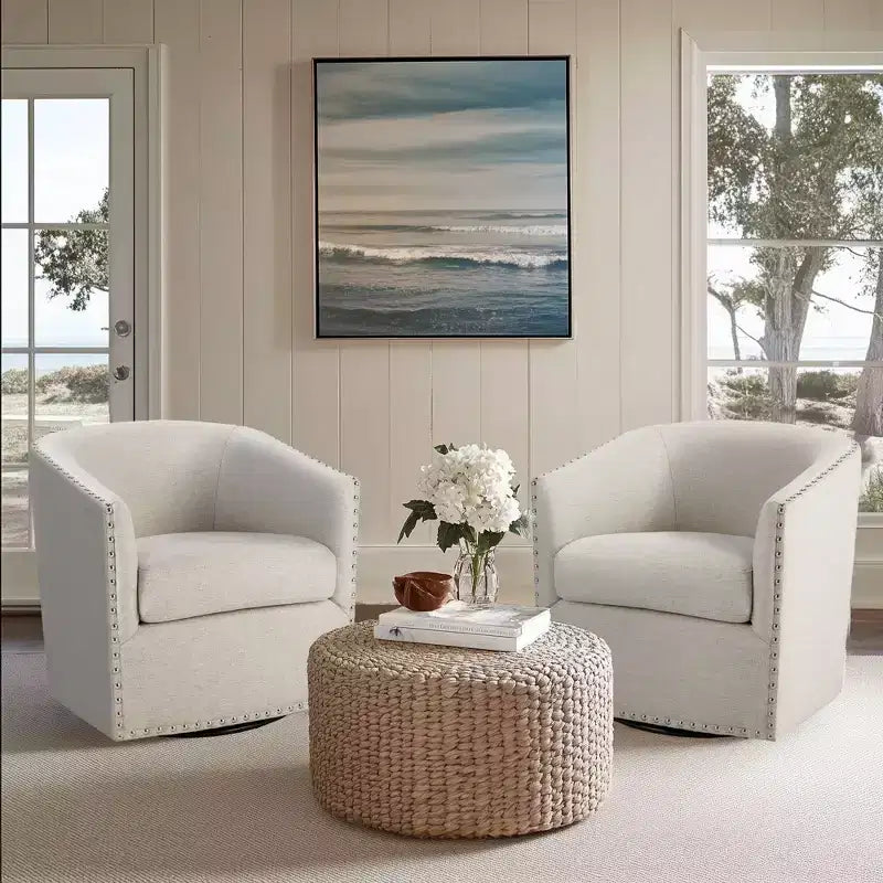 Swivel Lounge Chair with High-Density Foam Cushion and Bronze Nailhead Trim