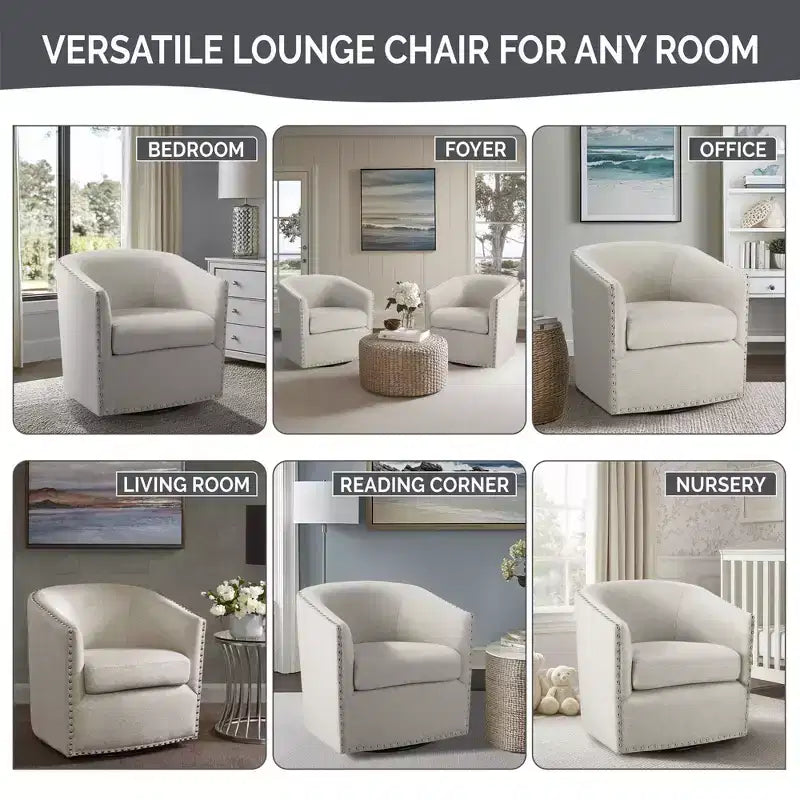Swivel Lounge Chair with High-Density Foam Cushion and Bronze Nailhead Trim