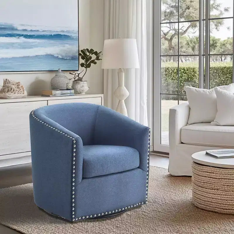 Swivel Lounge Chair with High-Density Foam Cushion and Bronze Nailhead Trim