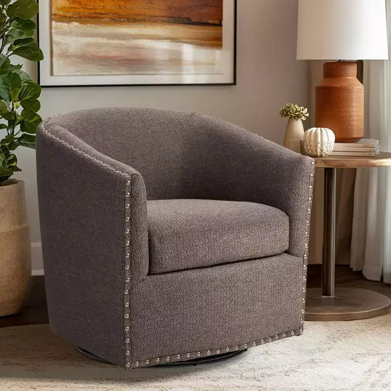 Swivel Lounge Chair with High-Density Foam Cushion and Bronze Nailhead Trim