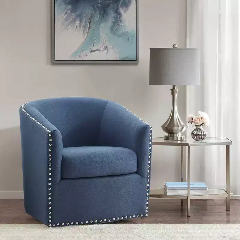 Swivel Lounge Chair with High-Density Foam Cushion and Bronze Nailhead Trim