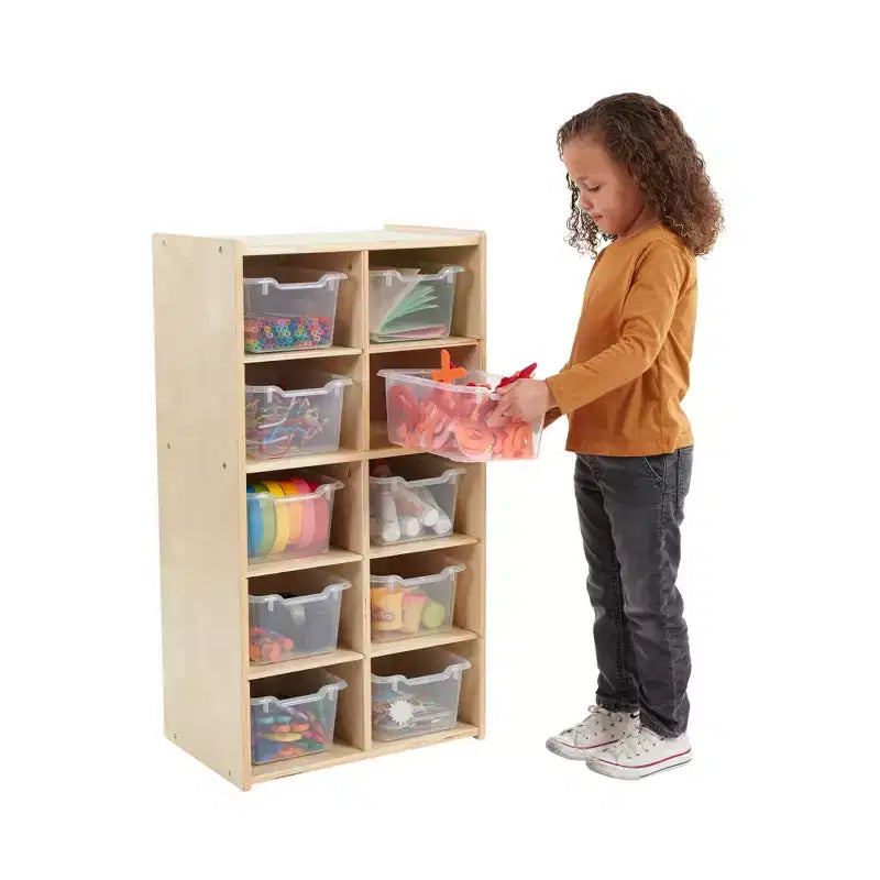 10-Cubby Tray Cabinet with 10 Scoop Front Storage Bins, 5x2, Kids Furniture