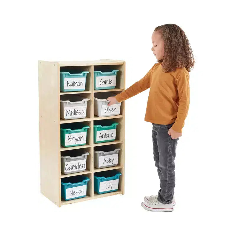 10-Cubby Tray Cabinet with 10 Scoop Front Storage Bins, 5x2, Kids Furniture