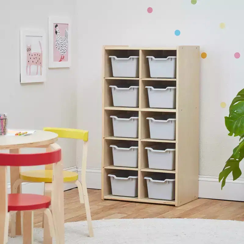10-Cubby Tray Cabinet with 10 Scoop Front Storage Bins, 5x2, Kids Furniture