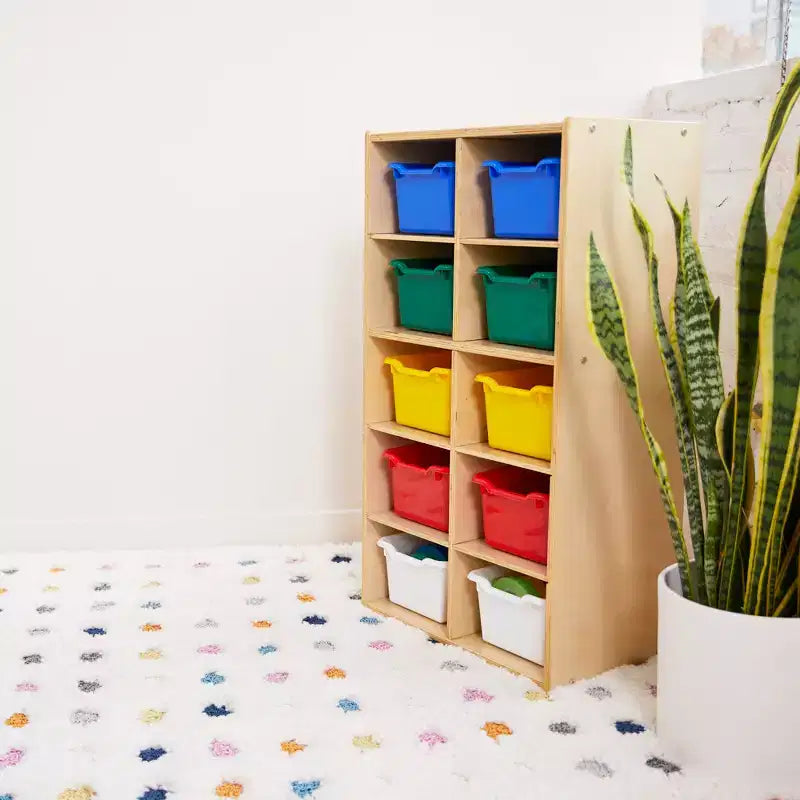 10-Cubby Tray Cabinet with 10 Scoop Front Storage Bins, 5x2, Kids Furniture