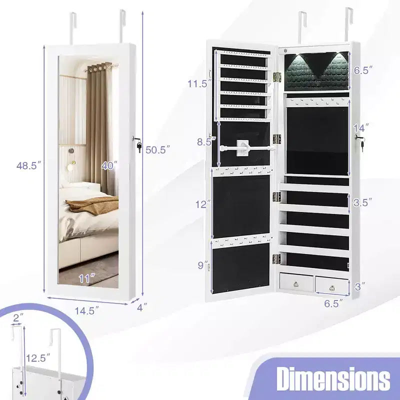 Mirror Jewelry Cabinet with Full Length Mirror, Internal LED Lights and Hooks, Wall or Door Mounted, White