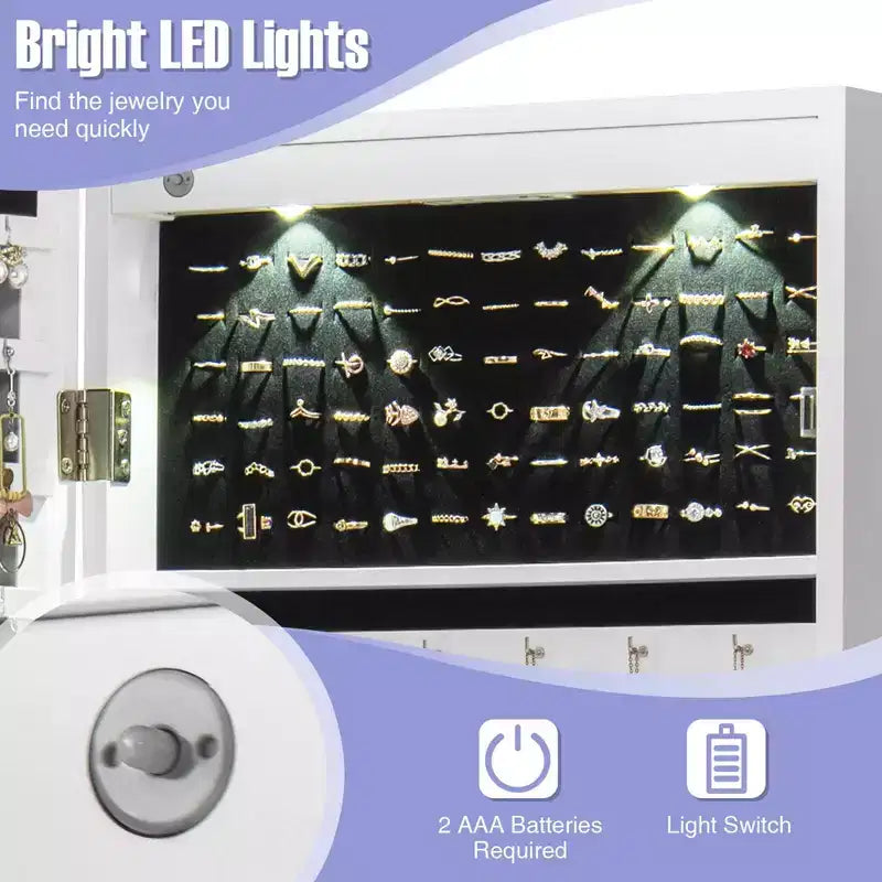 Mirror Jewelry Cabinet with Full Length Mirror, Internal LED Lights and Hooks, Wall or Door Mounted, White
