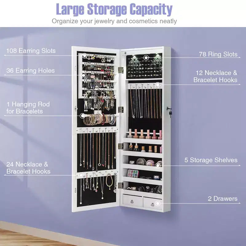 Mirror Jewelry Cabinet with Full Length Mirror, Internal LED Lights and Hooks, Wall or Door Mounted, White