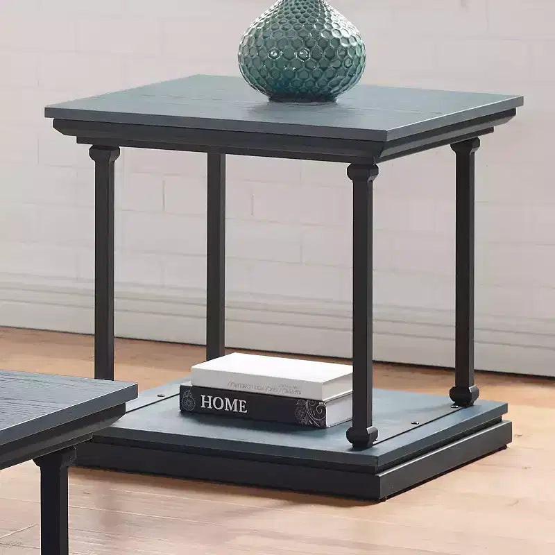 Shelf Base End Table with Open Storage, Square, Blue & Black, 23.63"