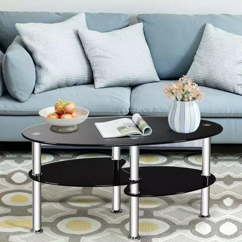 Tempered Glass Oval Coffee Table with 2 Bottom Shelves, Chrome Base, Living Room, Black