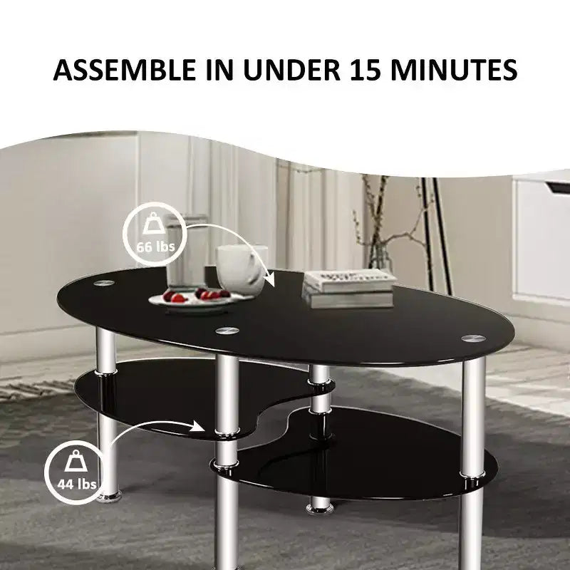 Tempered Glass Oval Coffee Table with 2 Bottom Shelves, Chrome Base, Living Room, Black