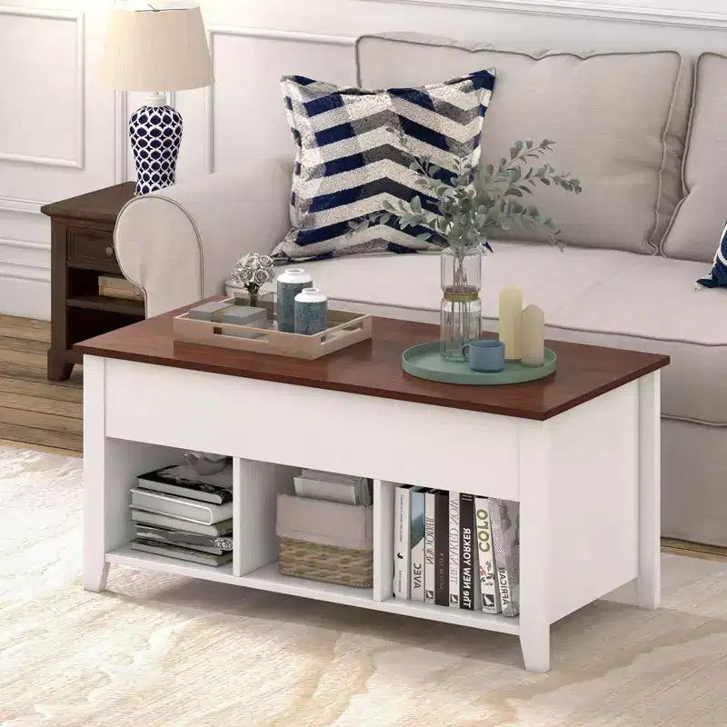 Lift Top Coffee Table with Hidden Compartment and Storage Shelves, Modern Furniture, White