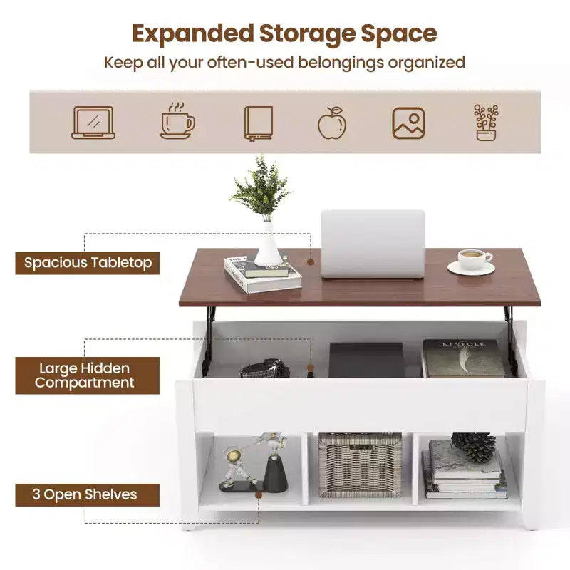 Lift Top Coffee Table with Hidden Compartment and Storage Shelves, Modern Furniture, White